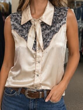 Silky Cream Button-Front Blouse with Paisley Trim